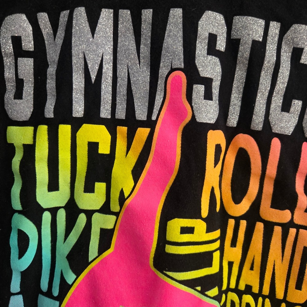 The Childrens Place Girls Black Gymnastics Rainbow Glitter Graphic Tee Medium 7 - Picture 2 of 6